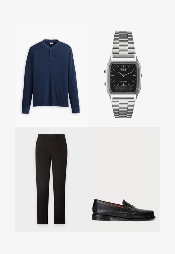 Ilgi piedurknes tumši zilā henley krekls, izgatavots no ribotas auduma. Iezīmē apaļu kakla izgriezumu un trīs pogu aizdari. Piedurkņu gali ir pieguļoši.; 120% Lino MEN PANT - Auduma bikses - black; Melnas ādas loafers ar noapaļotu purngalu, šuvju apdari un dekoratīvu joslu priekšā. Plakana zole ar minimālu profilu.; Sudraba nerūsējošā tērauda kvarca pulkstenis ar melnu taisnstūra seju, kas aprīkota ar analogajām rādītājiem, digitālo displeju un ūdensizturības norādi.