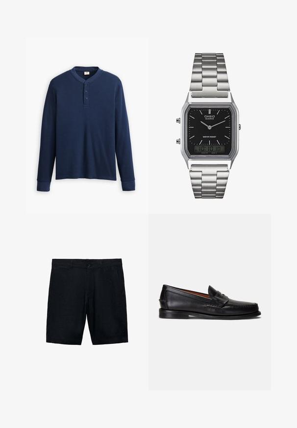 Cămașă henley cu mânecă lungă de culoare bleumarin, confecționată dintr-un material tip plasă. Prezintă un decolteu rotund și o față cu trei butoni. Manșetele sunt ajustate.; Pantaloni scurți negri din in, cu față plată, buzunare laterale și închidere cu un singur nasture; textură netedă și design tailored.; Mocasini negri din piele cu finisaj neted, vârf rotund și o bandă decorativă peste partea superioară. Prezintă o talpă joasă neagră.; Ceas de quartz din oțel inoxidabil argintiu, cu un cadran rectangular negru, având ace analogice, afișaj digital și etichetă de rezistență la apă.