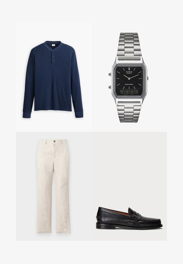 Langärmliges navyblaues Henley-Shirt aus geripptem Stoff. Mit rundem Ausschnitt und einer Knopfleiste mit drei Knöpfen. Die Bündchen sind schmal geschnitten.; Leinenhose in hellem Beige, mit geradem Bein, Fronttaschen und einem einzigen Knopfverschluss an der Taille.; Schwarze Lederloafer mit abgerundetem Zeh, gesteppten Details und einem dekorativen Riemen an der Vorderseite. Flache Sohle mit minimalem Profil.; Silberner Edelstahl-Quartz-Uhr mit schwarzem rechteckigem Zifferblatt, ausgestattet mit analogen Zeigern, digitaler Anzeige und Wasserdichtigkeitslabel.