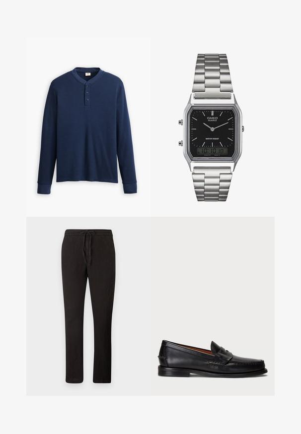 Granatowa koszulka henley z długim rękawem, wykonana z prążkowanej tkaniny. Posiada okrągły dekolt oraz listwę z trzema guzikami. Rękawy są dopasowane.; Czarne lniane spodnie z elastycznym paskiem, prostym krojem nogawki, teksturowanym materiałem i minimalistycznym designem. Idealne na codzienne noszenie.; Czarne skórzane mokasyny z okrągłym czubkiem, przeszyciami na detalach oraz ozdobnym paskiem z przodu. Płaska podeszwa o minimalistycznym profilu.; Srebrny zegarek kwarcowy ze stali nierdzewnej z czarną prostokątną tarczą, wyposażony w analogowe wskazówki, wyświetlacz cyfrowy oraz oznaczenie odporności na wodę.