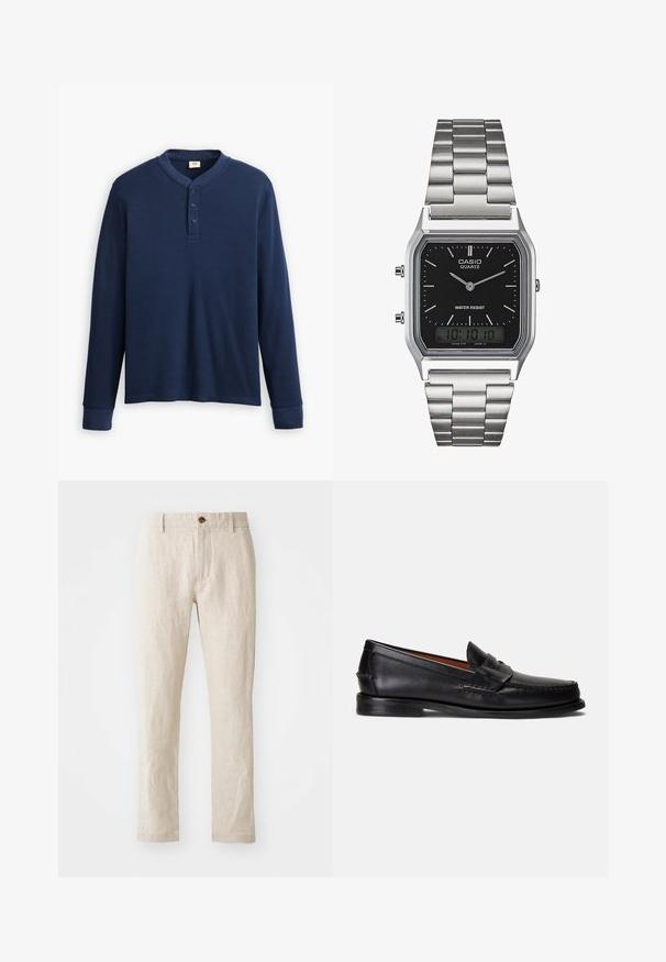 Granatowa koszulka henley z długim rękawem, wykonana z prążkowanej tkaniny. Posiada okrągły dekolt oraz listwę z trzema guzikami. Rękawy są dopasowane.; Beżowe lniane spodnie o wąskim kroju, z pojedynczym brązowym zapięciem na guzik, prostymi nogawkami oraz fakturowanym wykończeniem.; Czarne skórzane mokasyny z gładkim wykończeniem, zaokrąglonym noskiem i ozdobnym paskiem na cholewce. Posiadają niską czarną podeszwę.; Srebrny zegarek kwarcowy ze stali nierdzewnej z czarną prostokątną tarczą, wyposażony w analogowe wskazówki, wyświetlacz cyfrowy oraz oznaczenie odporności na wodę.