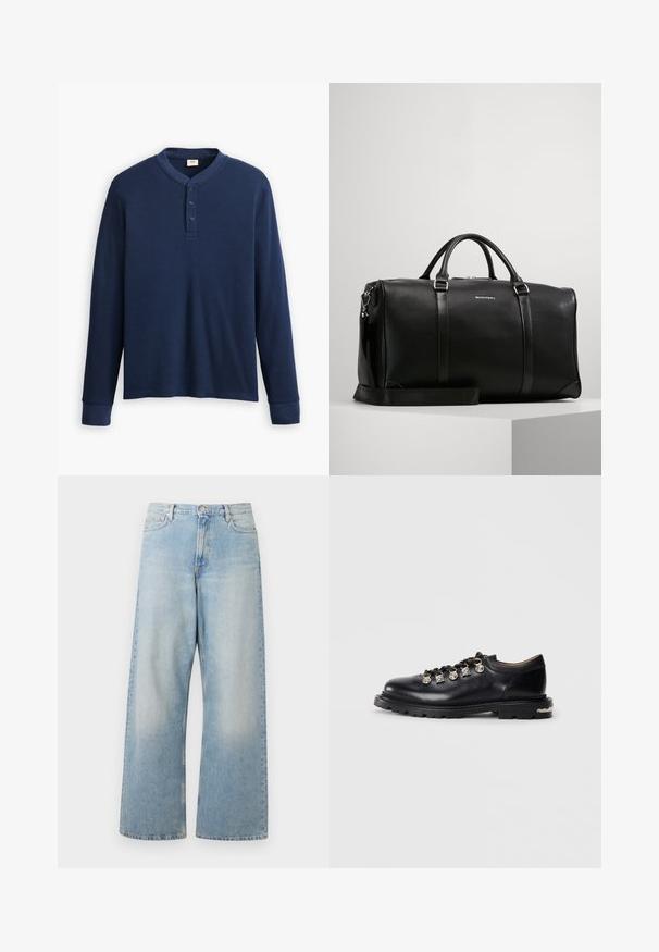 Hosszú ujjú sötétkék henley póló bordázott anyagból. Kerek nyakú, három gombos pánttal rendelkezik. Az ujjak szűkítettek.; Világoskék, széles lábú farmernadrág, magas derékkal, elülső zsebekkel és enyhén kopott mosással, amelyen finom kopások láthatók a comboknál.; Fekete bőr, alacsony szárú cipő vastag talppal, fémből készült fűzőlyukakkal, díszes ezüst charmokkal a fűzőn, és texturált mintázattal a talpon.; Fekete bőr sportsztok táska, kettős fülekkel és állítható vállpánttal. Ezüst hardware-rel és diszkrét, domború logóval az elülső részen.