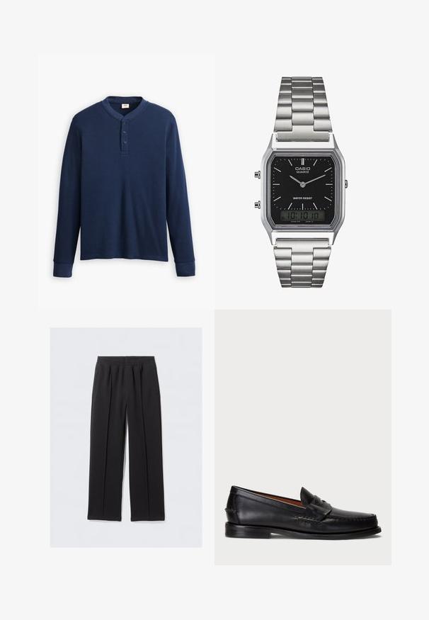 Polo majica z dolgimi rokavi v temno modri barvi, izdelana iz rebraste tkanine. Ima okroglo izrezano ovratnik in tri gumbe na zapenjanju. Manšete so prilegajoče.; Črne široke hlače iz strukturovane tkanine z elastičnim pasom in dvema stranskima žepoma. Imajo sprednje pregibe za eleganten videz.; Črne usnjene loafers čevlje z zaobljenim prstom, šivanimi detajli in okrasnim trakcem spredaj. Ravna podplat z minimalnim profilom.; Srebrna quartz ura iz nerjavečega jekla z črnim pravokotnim številcem, ki ima analogne kazalce, digitalni prikaz in oznako za vodoodpornost.