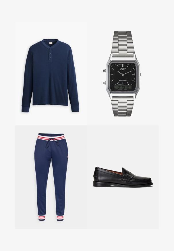Long-sleeve navy blue henley shirt made of ribbed fabric. Features a round neckline and three button placket. Cuffs are fitted.; Navy sweatpants with red and white striped waistband, drawstring closure, tapered legs, side pockets, and small logo detail on thigh.; Black leather loafers with a smooth finish, rounded toe, and a decorative band across the upper. Features a low black sole.; Silver stainless steel quartz watch with a black rectangular face, featuring analog hands, digital display, and water resistance label.