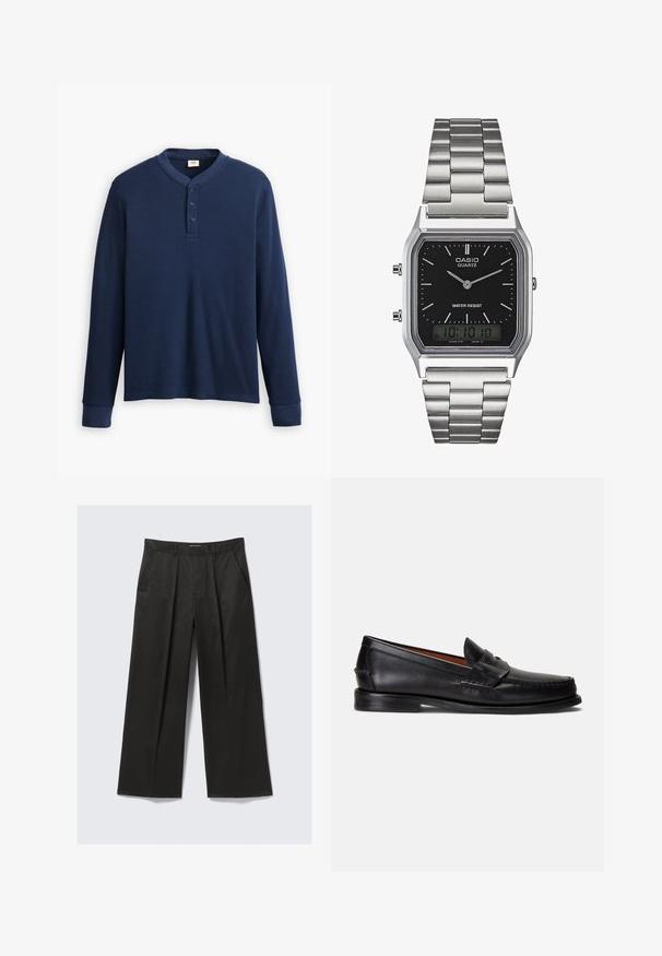 Polo majica dugih rukava u tamnoplavoj boji izrađena od rebrastog materijala. Ima okrugli izrez i tri dugmeta na zaplatku. Manžetne su uske.; Crne hlače širokog kroja s glatkom teksturom, sadrže dva prednja džepa i blago podignut struk.; Crne kožne mokasine s glatkom završnom obradom, zaobljenim vrhom i ukrasnim remenom preko gornjeg dijela. Imaju nisku crnu potplatu.; Srebrni kvarcni sat od nehrđajućeg čelika s crnim pravokutnim brojčanikom, koji ima analogne kazaljke, digitalni zaslon i oznaku otpornosti na vodu.