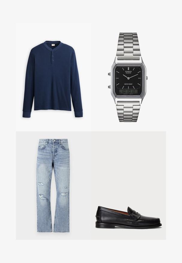 Polo majica z dolgimi rokavi v temno modri barvi, izdelana iz rebraste tkanine. Ima okroglo izrezano ovratnik in tri gumbe na zapenjanju. Manšete so prilegajoče.; Svjetloplave traperice s ravnim nogavicama, s poderanim rupama na koljenima i klasičnim pet džepnim stilom.; Črne usnjene loafers čevlje z zaobljenim prstom, šivanimi detajli in okrasnim trakcem spredaj. Ravna podplat z minimalnim profilom.; Srebrna quartz ura iz nerjavečega jekla z črnim pravokotnim številcem, ki ima analogne kazalce, digitalni prikaz in oznako za vodoodpornost.