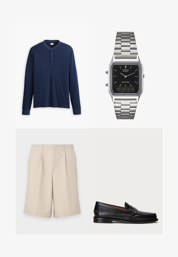 Pitkähiainen tummansininen henley-paita ribbikankaasta. Ominaisuuksiin kuuluu pyöreä kaula-aukko ja kolme nappia. Hihansuut ovat istutetut.; Vaaleanbeige istuvuusshortsit, jotka on valmistettu kevyestä kankaasta. Shorteissa on etunappi, kaksi sivutaskua ja ryppy yksityiskohtana edessä.; Musta nahkainen loaferi pyöristetyn varpaankärjen, ommellun yksityiskohdan ja koristeellisten hihnojen kanssa edessä. Tasapohja, jossa minimaalinen profiili.; Vesipitävä musta neliskulmainen quartz-kello, jossa on hopeanvärinen ruostumaton teräsranneke, analogiset viisarit ja digitaalinen näyttö.