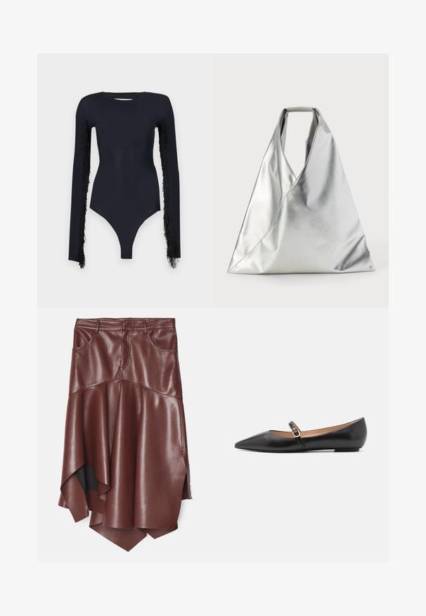 Black bodysuit with long sleeves, featuring fringed detailing along the arms, made from a smooth, stretchy fabric, with a deep neckline.; Brown faux leather skirt with a flared, asymmetric hem, featuring two front pockets and a smooth, glossy texture.; Black leather ballet flats with a pointed toe and a side strap featuring a circular gold accent. Lightweight with a flat sole.; MM6 Maison Margiela CLASSIC JAPANESE HANDBAG - Handbag - silver-coloured