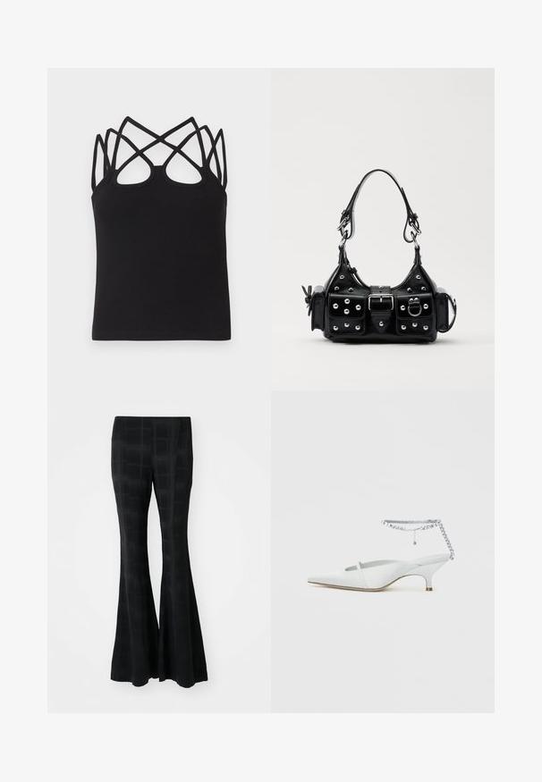Schwarzes, geripptes Tanktop mit figurbetontem Schnitt, mehreren überkreuzten Trägern und offenem Rückendetail. Glatte Textur mit rundem Ausschnitt.; Schwarze, ausgestellte Hosen aus einem glatten Material mit einem karierten Muster, das eine feine Textur und eine maßgeschneiderte Passform erzeugt.; Weißer spitzer Kitten-Heel-Mule mit Riemchen aus Strasssteinen am Knöchel auf einfachem Hintergrund.; Schwarze Lederhandtasche mit einem geschwungenen Design, verziert mit silbernen Nieten, einer Schnalle und zwei seitlichen Taschen. Verstellbarer Träger für verschiedene Tragemöglichkeiten.