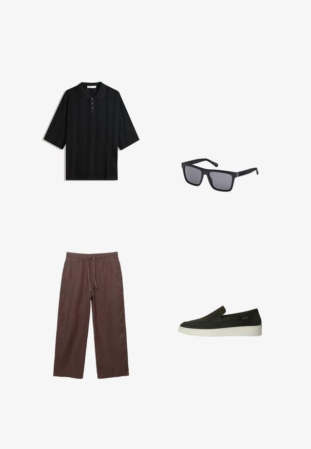 Zwarte polo met korte mouwen, voorzien van een gestructureerd breipatroon, drie-knopen sluiting en een klassiek kraagontwerp.; Bruine linnen wijde broek met een trekkoord in de taille, voorzien van twee zijzakken en een lichte, gestructureerde stof.; Manfield Instappers - grün; Zwarte rechthoekige zonnebril met donkere lenzen, een matte afwerking en logo-detail op de sluiting. Het ontwerp heeft rechte randen en dikke monturen.
