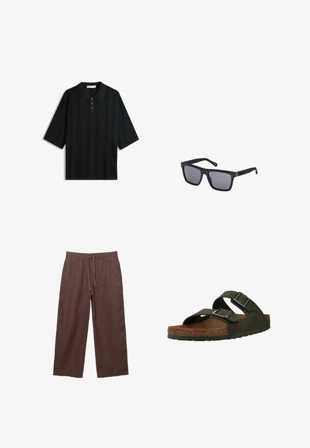Fekete pólóing rövid ujjal, texturált kötött mintával, három gombos záródással és klasszikus galléros kialakítással.; Barna len széles szárú nadrág, amely húzózsinórral ellátott derékrésszel rendelkezik, két oldalsó zsebbel és könnyű, struktúrált anyagból készült.; Zöld slip-on szandálok, két állítható pánttal, parafa talppal és gumitalppal. Ezüst csatokkal és textúrált felső résszel rendelkezik.; Fekete, téglalap alakú napszemüveg sötét lencsékkel, matt felülettel és logóval a szárakon. A kialakítás egyenes élekkel és vastag kerettel rendelkezik.