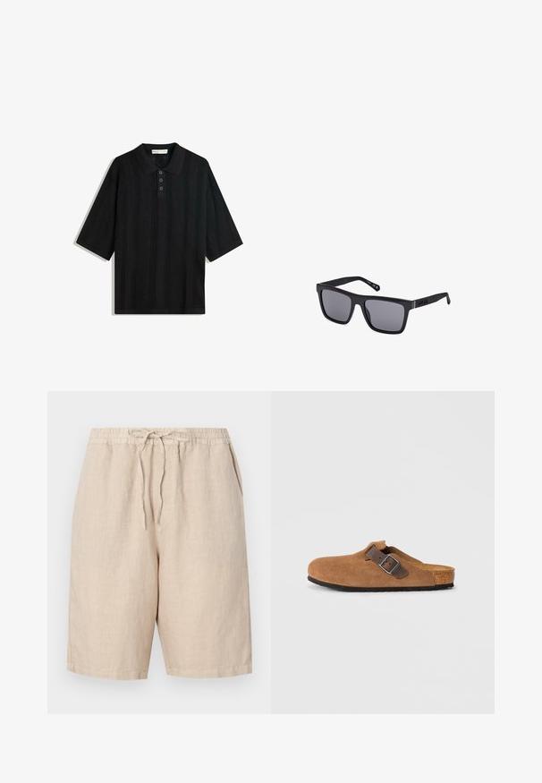 Czarny polo z krótkim rękawem, wyróżniający się fakturowanym wzorem dżersejowym, z zapięciem na trzy guziki i klasycznym kołnierzykiem.; Lniiane szorty w jasnobeżowym kolorze z elastycznym pasem, regulowanym sznurkiem i kieszeniami po bokach. Gładka tekstura oraz luźny krój.; Brązowe zamszowe klapki z regulowanym brązowym skórzanym paskiem i srebrną klamrą, z formowanym korkowym wkładem i teksturowaną gumową podeszwą.; Czarna prostokątna para okularów przeciwsłonecznych z ciemnymi soczewkami, matowym wykończeniem i detalem logo na zauszniku. Projekt charakteryzuje się prostymi krawędziami i grubymi oprawkami.