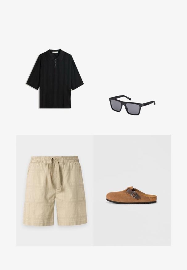 Schwarzes Polo-Shirt mit kurzen Ärmeln, ausgestattet mit einem strukturierten Strickmuster, einer Drei-Knopf-Leiste und einem klassischen Kragendesign.; Beige Shorts aus leichtem Stoff mit einem elastischen Taillenbund und Kordelzug, ausgestattet mit einem dezenten Karomuster und geradem Schnitt.; Braune Wildlederclogs mit einem verstellbaren braunen Lederriemen und einer silbernen Schnalle, ausgestattet mit einer geformten Korkfußbett und einer strukturierten Gummisohle.; Schwarze rechteckige Sonnenbrille mit dunklen Gläsern, matter Oberfläche und Logodetail am Bügel. Das Design hat gerade Kanten und dicke Rahmen.