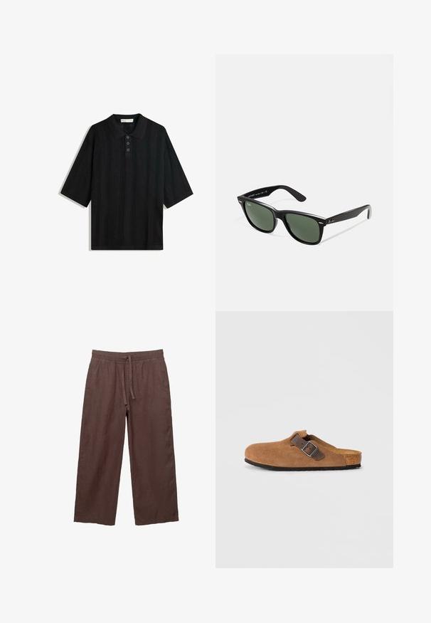 Black polo shirt with short sleeves, featuring a textured knit pattern, three-button placket, and a classic collar design.; Brown linen wide-leg pants with a drawstring waistband, featuring two side pockets and a lightweight, textured fabric.; Brown suede clogs with a adjustable brown leather strap and silver buckle, featuring a molded cork footbed and textured rubber sole.; Black plastic sunglasses with green lenses, square frames, silver accent on the brow, and textured temple arms. Stated brand on inner arm.