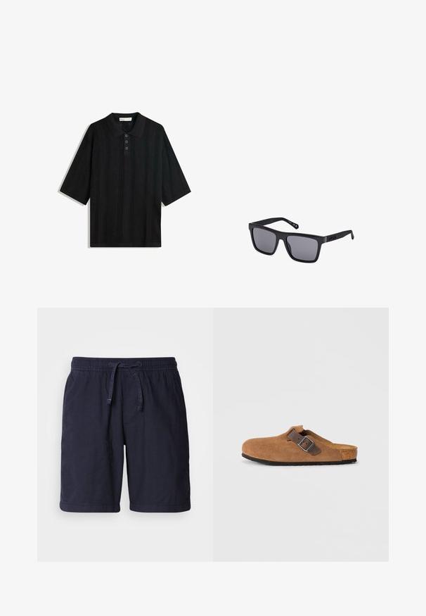 Crna polo majica s kratkim rukavima, koja se ističe teksturiranim pletenim uzorkom, tri dugmeta na plaveti i klasičnim dizajnom kragne.; Tamnoplave kratke hlače od lagane tkanine, s elastičnim pojasom i vezicom te bočnim džepovima. Ležeran dizajn s ušivenim rubovima.; Smeđe nubuk cipele s podesivim smešanim kožnim remenom i srebrnom kopčom, s oblikovanim plutastim uloškom i teksturiranom gumenom potplatom.; Crne pravokutne sunčane naočale s tamnim lećama, mat završetkom i detaljem logotipa na ručki. Dizajn ima ravne rubove i debele okvire.