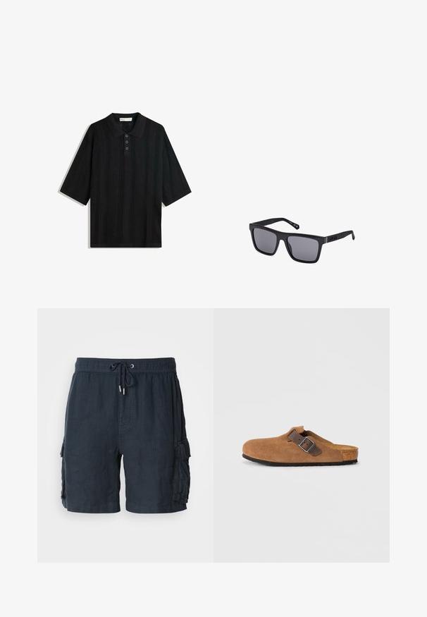 Černé polo tričko s krátkým rukávem, se strukturovaným pleteným vzorem, tříknoflíkovou légou a klasickým límečkem.; Pánské tmavě modré cargo šortky vyrobené z lehkého materiálu, s elastickým pasem na šňůrku a dvěma bočními kapsami.; Hnědé semišové klumpky s nastavitelným hnědým koženým popruhem a stříbrnou sponou, s tvarovanou korkovou stélkou a strukturovanou gumovou podrážkou.; Černé obdélníkové sluneční brýle s tmavými čočkami, matným povrchem a detaily loga na stranici. Design má rovné hrany a silné rámy.