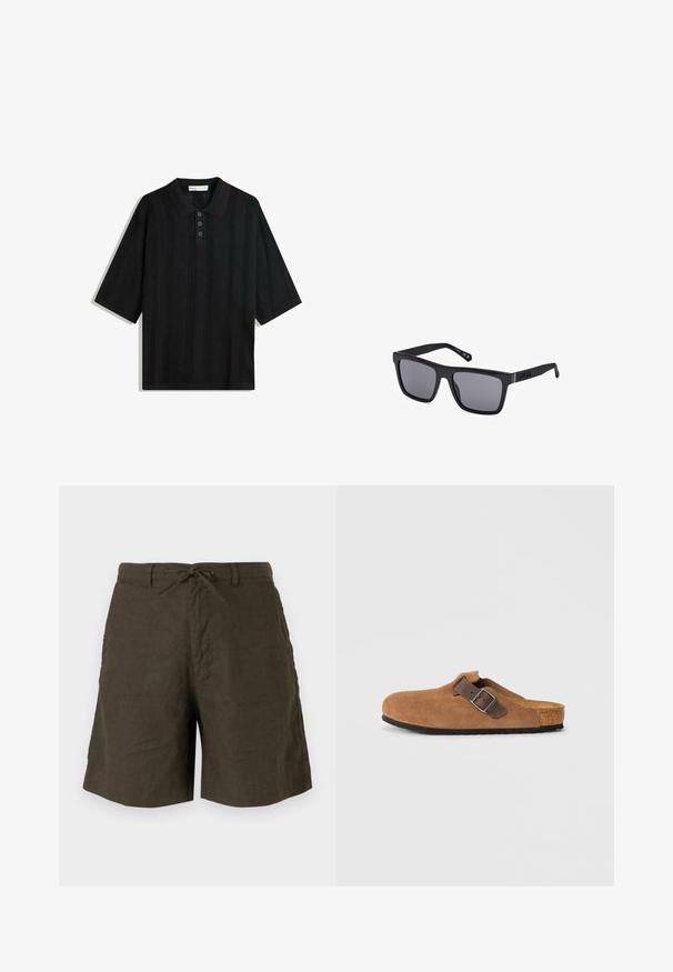 Černé polo tričko s krátkým rukávem, se strukturovaným pleteným vzorem, tříknoflíkovou légou a klasickým límečkem.; Khaki kraťasy vyrobené z lněného materiálu, s elastickým pasem na šňůrku, bočními kapsami a volným střihem s hladkou texturou.; Hnědé semišové klumpky s nastavitelným hnědým koženým popruhem a stříbrnou sponou, s tvarovanou korkovou stélkou a strukturovanou gumovou podrážkou.; Černé obdélníkové sluneční brýle s tmavými čočkami, matným povrchem a detaily loga na stranici. Design má rovné hrany a silné rámy.