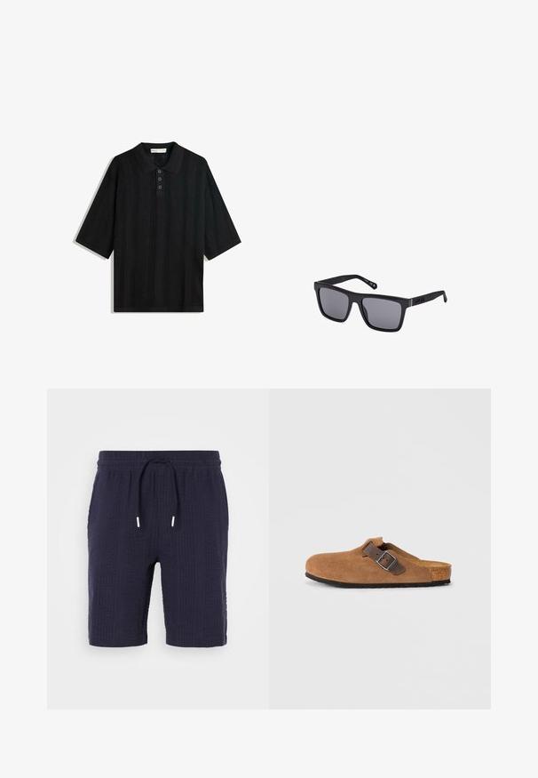Tricou polo negru cu manșete scurte, având un model tricotat texturat, plăcuță cu trei nasturi și un design clasic al gulerului.; Șorturi navy cu un model texturat, talie elastică și închidere cu șnur. Caracteristici includ un croi relaxat și lungime deasupra genunchiului.; Saboți din daim maro cu un curea din piele maro ajustabilă și cataramă din metal argintiu, având un branț din plută modelat și o talpă din cauciuc texturat.; Ochelari de soare dreptunghiulari negri cu lentile întunecate, finisaj mat și detalii cu logo pe bradă. Designul prezintă margini drepte și rame groase.