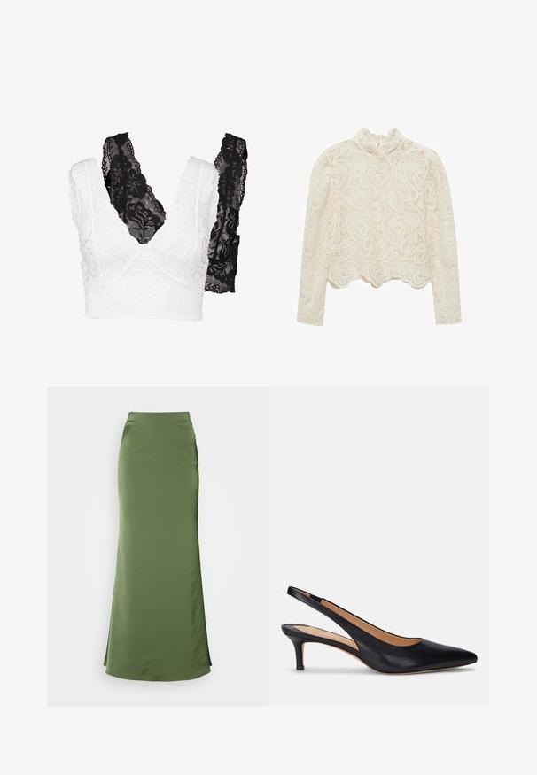 Krajkový set bralet s bielym kvetinovým dizajnom a čiernym variantom. Obe majú výstrih do V a široké, podrobne zdobené ramienka.; Mango Blúzka - off-white; Dlhá, priliehavá sukňa v olivovo zelenej farbe, vyrobená z hladkej látky. Má vysoký pás a mierne rozšírený lem na spodnej strane.; Čierne kožené sandále na podpätku s špicatou špičkou, nízkym kitten podpätkom a hladkou textúrou. Má otvorený zadný dizajn a minimálne švy.