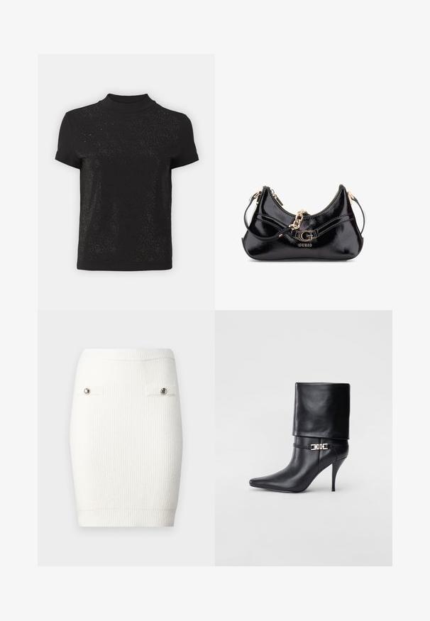 Top corto negro de manga corta con un cuello alto y un patrón texturizado con acentos de diamante. Material suave con un acabado liso y un brillo sutil.; Mini falda de punto blanco acanalado con detalles de botones plateados en los bolsillos delanteros y una silueta ajustada, que presenta una textura suave y una cintura elástica.; Botín de cuero negro hasta el tobillo con punta afilada, tacón alto de aguja, puño doblado y un detalle decorativo de hebilla dorada en el tobillo.; Bolso de charol negro con un diseño curvado, acentos en dorado y un logotipo prominente. Incluye una correa de hombro desmontable.