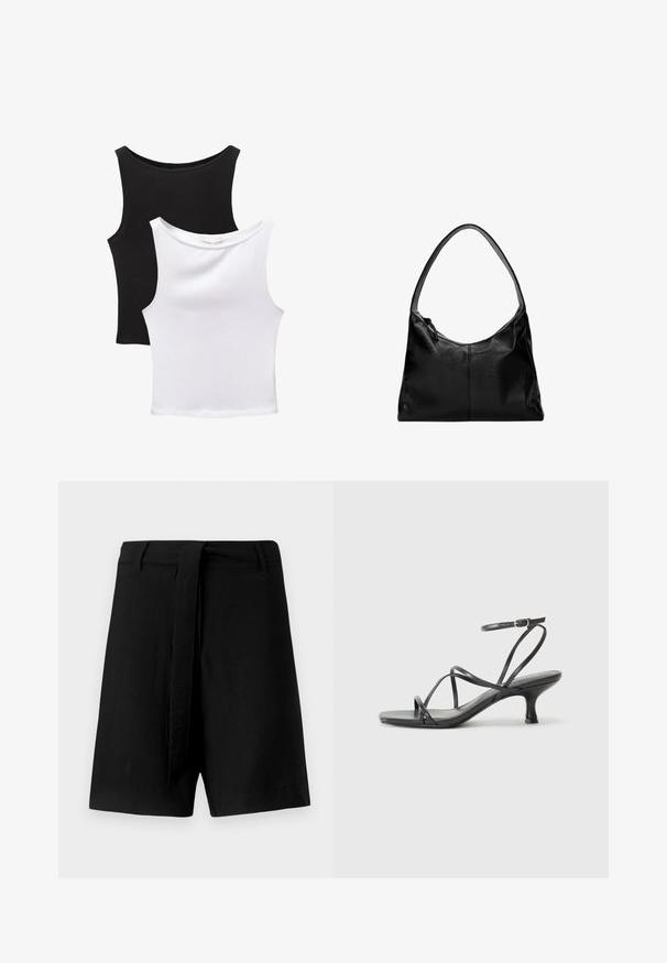 Două bluze fără mâneci, una neagră și una albă, realizate din bumbac. Au decolteuri rotunde și un design ajustat cu textură netedă.; Pantaloni scurți negri din in, cu talie înaltă, dotati cu un cordon din aceeași țesătură și buzunare laterale, cu o textură netedă și un design relaxat.; Sandale negre cu toc înalt, cu curele subțiri, design cu vârf deschis și un toc mic, evazat. Materialul pare neted și lucios.; Geantă de umăr din piele neagră cu o textură netedă, un vârf curbat și o singură curea. Dispune de un sistem de închidere prin fermoar și un design minimalist.