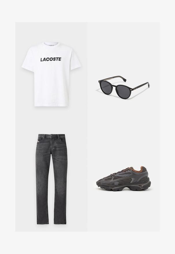 Balta medvilninė marškinėliai su ryškiu juodu "LACOSTE" logotipu ant krūtinės. Trumpomis rankovėmis ir apvalia iškirpte.; Tamsiai pilki džinsai su tiesia kojų iškirpte, penkiais kišeniais, metaliniu mygtuko uždarymu ir švelniu audinio paviršiaus blukimu.; Lacoste sportbačiai tamsiai pilki, pagaminti iš tinklinės ir sintetinių medžiagų, su tekstūruotu padu ir rudomis detalėmis ant apykaklės bei prekės ženklo.; BOSS Akiniai nuo saulės - black