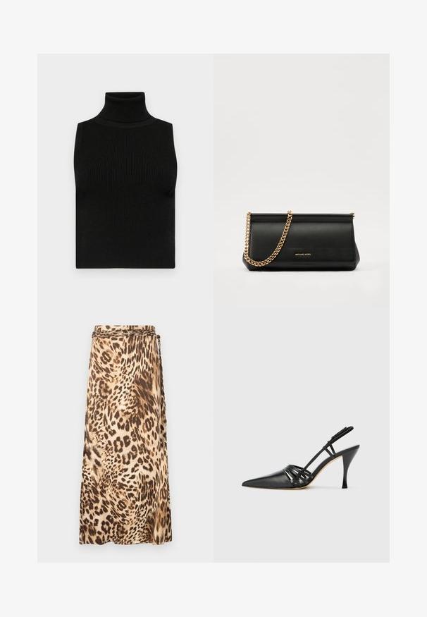 Haut sans manches noir avec col roulé, texture côtelée et coupe ajustée. Tissu lisse avec un col haut et sans embellissements supplémentaires.; Jupe maxi fluide imprimée léopard dans des tons beige et marron avec un détail de taille tressé. Tissu doux avec une silhouette drapée.; Chaussure à talon aiguille noire en cuir, avec bout pointu, design de brides entrecroisées et talon aiguille fin. Texture lisse et accents minimaux.; Sac à main en cuir noir avec une bandoulière en chaîne dorée, présentant une texture lisse, une forme rectangulaire et une marque embossée à l'avant.