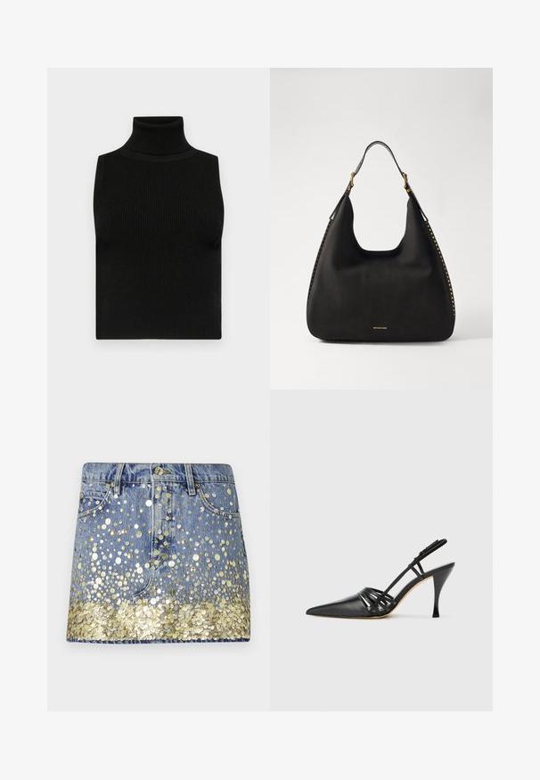 Črna brezrokavna majica z visokim ovratnikom, z rebrasto teksturo in oprijetim krojem. Gladek material z visokim ovratnikom in brez dodatnih okrasitev.; Jean krilo v bledi modri barvi, okrašeno z zlatimi bleščicami na robu, ki ustvarja prelivajoč se učinek. Oblika s petimi žepi in zapiranjem na gumb.; Črne usnjene visokoodporne čevlje s peto in koničastim prstom, zasnovo križnega traku in vitko stileto peto. Gladka tekstura in minimalni poudarki.; MICHAEL Michael Kors NOLITA HOBO  - Torbica - black