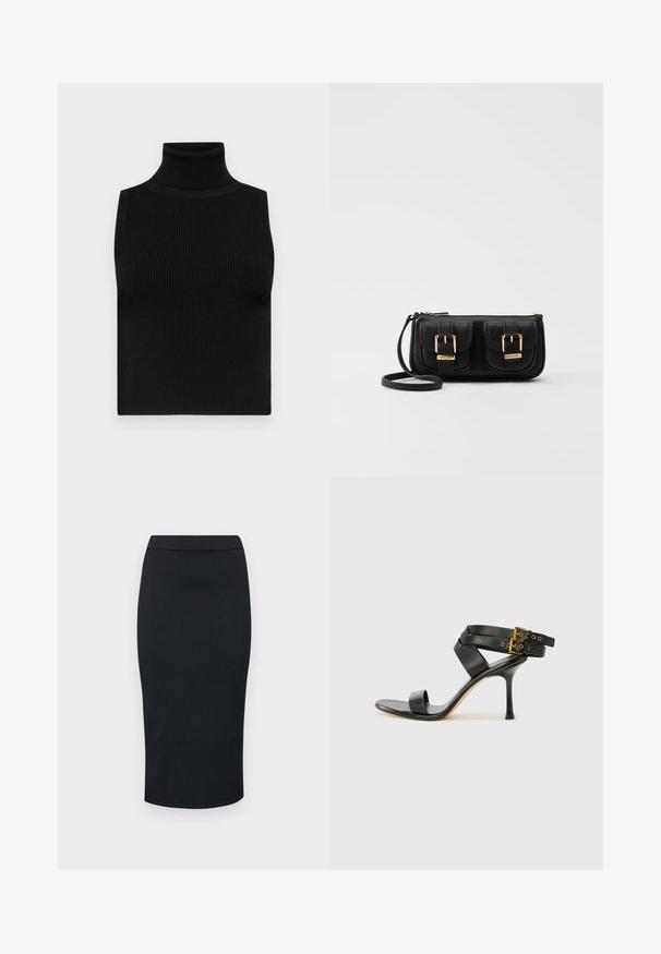Čierny bezrukávový rolák s rebrovanou textúrou a priliehavým strihom. Hladká tkanina s vysokým golierom a bez ďalších ozdôb.; Armani Exchange GONNA - Puzdrová sukňa - black; Čierne sandále na podpätku s prekríženými popruhmi a nastaviteľnou prackou. Majú hladkú textúru a zúžený stiletto podpätok.; Čierna kožená crossbody taška s dvoma prednými vreckami, zlatými sponami, zipsovým uzatváraním a úzkym popruhom. Štruktúrovaný povrch a kompaktný obdĺžnikový tvar.