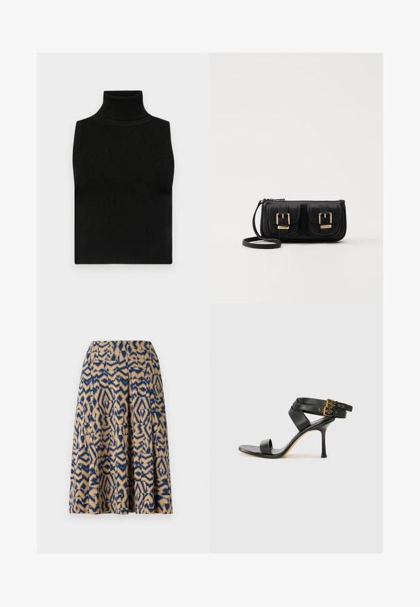 Black sleeveless turtleneck top with ribbed texture and fitted design. Smooth fabric with a high neck and no additional embellishments.; A knee-length skirt featuring a geometric print in navy blue and beige, with pleats and a smooth texture.; Black heeled sandal with crossed straps and adjustable buckle. Features a smooth texture and tapered stiletto heel.; Black leather crossbody bag with two front pockets, gold buckles, zipper closure, and a slim strap. Textured surface and compact rectangular shape.