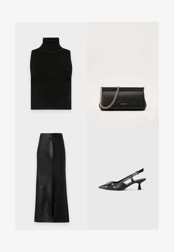 Crni bezrukavni pulover s visokim ovratnikom, izrađen od rebraste tkanine i prilagođenog kroja. Glatka tkanina s visokim ovratnikom i bez dodatnih ukrasa.; Crna kožna suknja ravnog kroja, s prorezom straga, glatkom teksturom i vidljivim šavovima.; Crne kožne cipele s remenom oko pete, s izduženim vrhom, dekorativnim trakama s metalnim rupama i niskom blok petom. Teksturirana površina.; Crna kožna torbica sa zlatnim lančićem, koja se odlikuje glatkom teksturom, pravokutnim oblikom i utisnutim brendom na prednjoj strani.