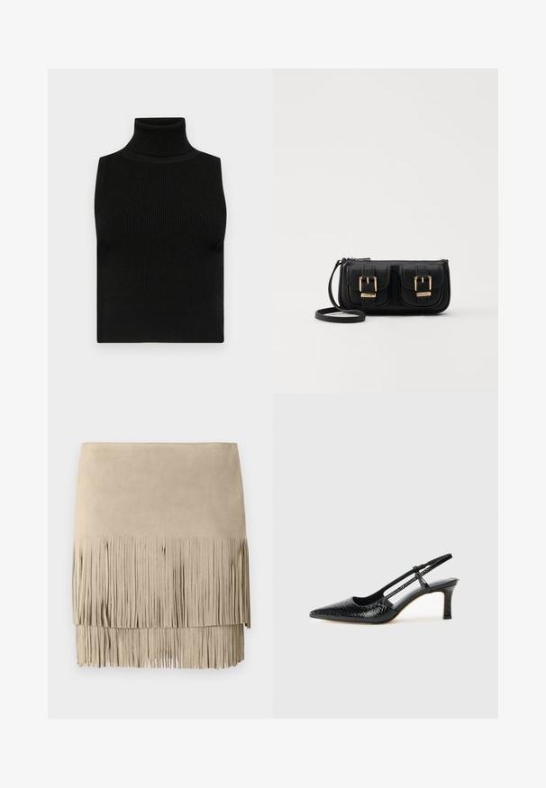 Top sin mangas negro de cuello alto con textura acanalada y diseño ajustado. Tejido suave con un cuello alto y sin adornos adicionales.; Minifalda de ante beige con un dobladillo inferior de flecos. Textura suave con longitudes de flecos uniformes a lo largo del borde inferior. Diseño clásico.; Tacón slingback negro de charol con punta afilada, que presenta un estampado de serpiente texturizado, correa ajustable y un tacón bloque corto y texturizado.; Bolso cruzado de cuero negro con dos bolsillos frontales, hebillas doradas, cierre de cremallera y una correa delgada. Superficie texturizada y forma rectangular compacta.