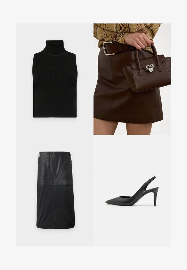 Haut sans manches noir avec col roulé, texture côtelée et coupe ajustée. Tissu lisse avec un col haut et sans embellissements supplémentaires.; Jupe crayon en cuir noir, mi-longue, dispose d'une texture lisse, de détails de couture verticaux et d'une fermeture éclair sur le côté discrète.; Escarpins à talon aiguille en cuir noir, avec un design à bout pointu, présentant une découpure à l'avant et un talon fin.; Sac en cuir marron avec une finition texturée et des accessoires en argent, tenu à la main à côté d'une jupe en cuir marron et d'un pull à motifs.