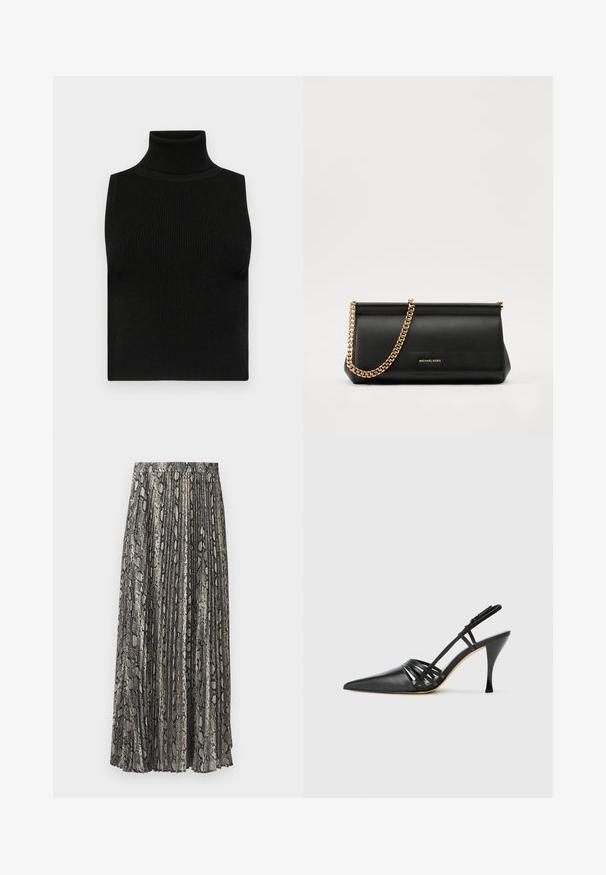 Haut sans manches noir avec col roulé, texture côtelée et coupe ajustée. Tissu lisse avec un col haut et sans embellissements supplémentaires.; Jupe midi plissée à imprimé serpent, avec des nuances de gris, noir et beige. Fabriquée en tissu léger avec une taille élastique.; Chaussure à talon aiguille noire en cuir, avec bout pointu, design de brides entrecroisées et talon aiguille fin. Texture lisse et accents minimaux.; Sac à main en cuir noir avec une bandoulière en chaîne dorée, présentant une texture lisse, une forme rectangulaire et une marque embossée à l'avant.