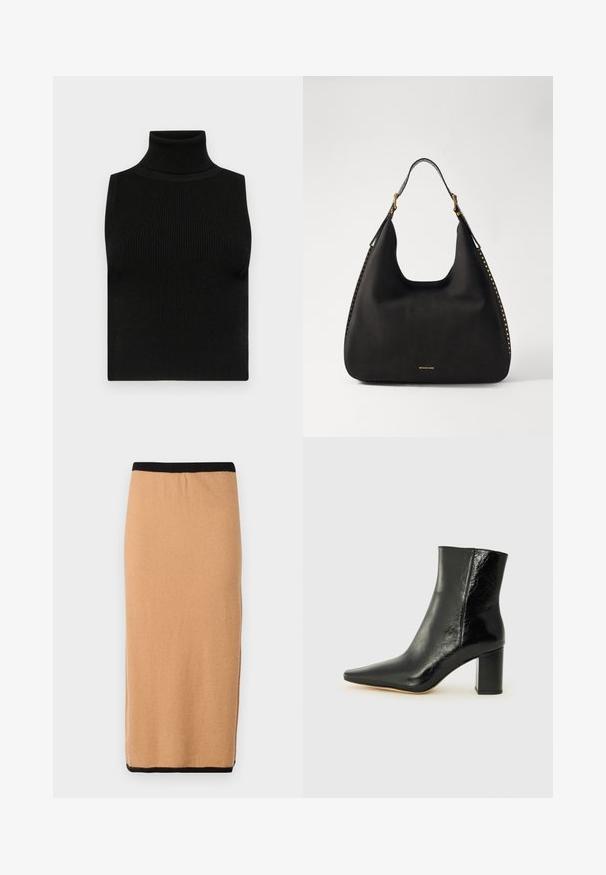Mustat ilmanhihaiset poolotoppi, jossa on ribbed rakenne ja istuva muotoilu. Sileä kangas, korkea kaulus ja ilman lisäkoristeita.; Hame midi berwarna camel, terbuat dari rajutan, dengan pinggang elastis hitam dan tekstur yang halus. Desain sederhana, tanpa pola atau aksen yang terlihat.; Musta nilkkuri kiiltävästä nahasta, jossa on terävä kärki ja paksu, neliömäinen korko. Sisältää sileän pinnan ja minimalistisen muotoilun.; MICHAEL Michael Kors NOLITA HOBO  - Käsilaukku - black