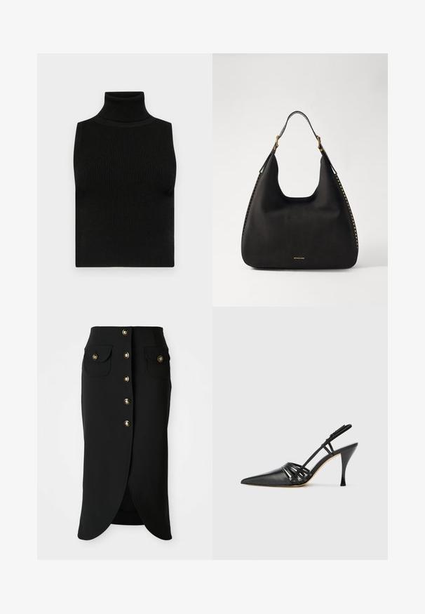 Top senza maniche nero a collo alto con texture a coste e design aderente. Tessuto morbido con collo alto e senza ulteriori decorazioni.; Gonna nera fino al ginocchio realizzata in tessuto morbido, con chiusura frontale a bottoni, due tasche laterali e uno spacco alto sul retro. Dettagli con bottoni dorati.; Scarpa nera in pelle con tacco alto, design slingback e punta affusolata, con una fascia incrociata e un tacco sottile a stiletto. Texture liscia e accenti minimi.; MICHAEL Michael Kors NOLITA HOBO  - Borsa a mano - black