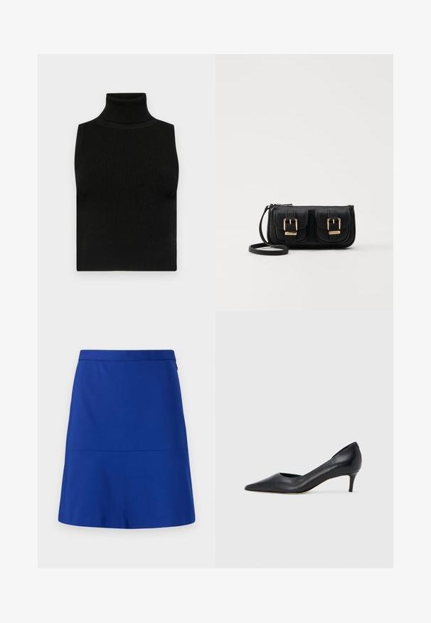 Haut sans manches noir avec col roulé, texture côtelée et coupe ajustée. Tissu lisse avec un col haut et sans embellissements supplémentaires.; Une jupe bleue en tissu lissé, dotée d'une taille bien définie et d'un design simple et évasé, sans ornements ni motifs.; Escarpin en cuir noir avec un bout pointu et un talon bas. Présente une texture lisse et un éclat subtil. Découpe ouverte à l'avant pour un détail supplémentaire.; Sac en cuir noir porté en travers avec deux poches avant, boucles dorées, fermeture zippée et une sangle fine. Surface texturée et forme rectangulaire compacte.