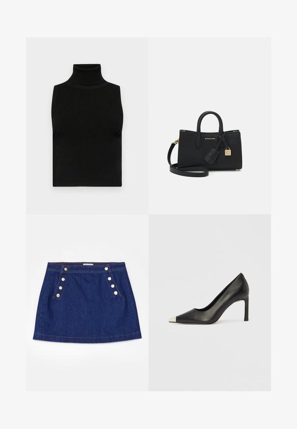 Black sleeveless turtleneck top with ribbed texture and fitted design. Smooth fabric with a high neck and no additional embellishments.; FRAME SAILOR SNAP SKIRT - Denim skirt - celestine; Black leather high heel shoe with a pointed toe and a metallic silver cap. Features a smooth finish and a slender 10 cm heel.; Black leather handbag with a structured design, top handles, and a detachable shoulder strap. Features gold hardware and a logo charm.