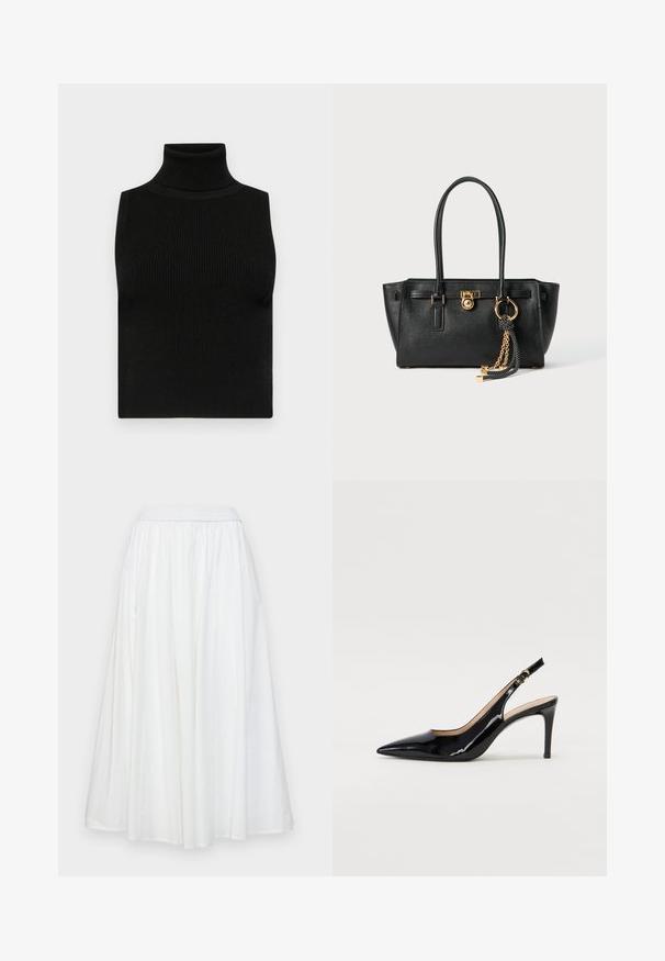 Crni bezrukavni pulover s visokim ovratnikom, izrađen od rebraste tkanine i prilagođenog kroja. Glatka tkanina s visokim ovratnikom i bez dodatnih ukrasa.; Bijela suknja do koljena izrađena od lagane tkanine. Ima elastičnu struk i glatke, lepršave nabori za lagano kretanje.; Crne lakirane slingback cipele s oštrim vrhom, uskim potpeticama i suptilnim izrezom. Sadrže zlatnu kopču na traku.; Crna kožna torba s dvostrukim ručkama, zlatnom bravicom i lancem kao detaljem, te crno-bijelim resicom kao dodatkom, sve na bijeloj pozadini.