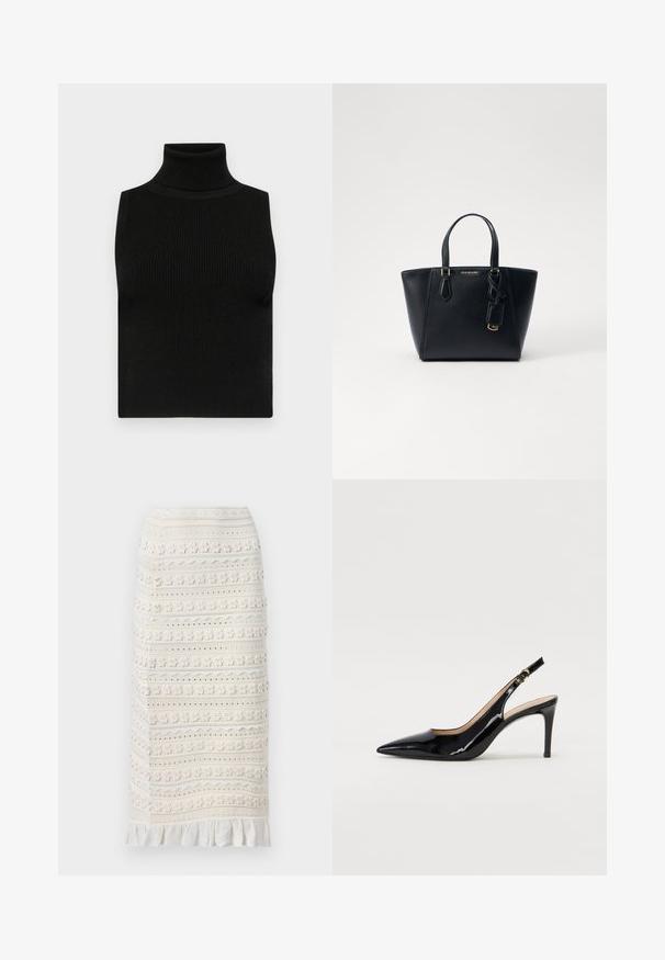 Black sleeveless turtleneck top with ribbed texture and fitted design. Smooth fabric with a high neck and no additional embellishments.; sandro JUPE MIDI DETAILS - Pencil skirt - ecru; Black patent leather slingback pump with pointed toe, slim heel, and a subtle cutout design. Features a gold buckle on the strap.; Black leather handbag with a structured shape, short dual handles, gold-tone hardware, and a side tag accessory. Smooth, textured finish.