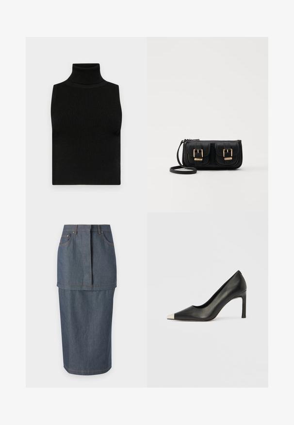 Čierny bezrukávový rolák s rebrovanou textúrou a priliehavým strihom. Hladká tkanina s vysokým golierom a bez ďalších ozdôb.; Džínová sukňa v tmavomodrom odtieni, s prednými vreckami, priliehavým pásom a dĺžkou po kolená, doplnená kontrastným prešívaním.; Čierna kožená lodička s vysokým opätkom, špičkou a kovovou striebornou špičkou. Má hladký povrch a štíhly 10 cm opätok.; Čierna kožená crossbody taška s dvoma prednými vreckami, zlatými sponami, zipsovým uzatváraním a úzkym popruhom. Štruktúrovaný povrch a kompaktný obdĺžnikový tvar.
