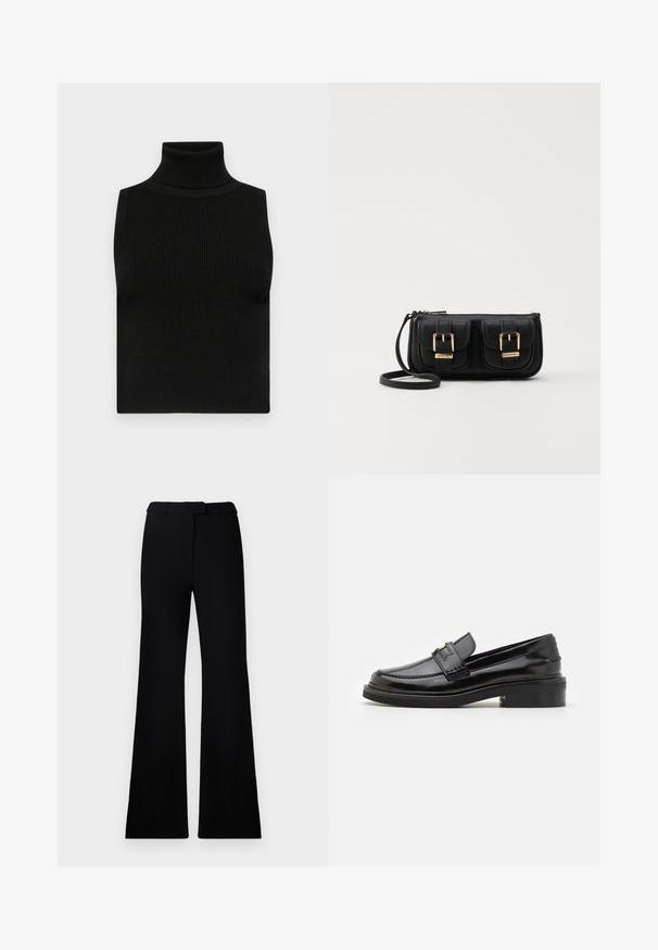 Top senza maniche nero a collo alto con texture a coste e design aderente. Tessuto morbido con collo alto e senza ulteriori decorazioni.; Pantaloni neri svasati con una texture liscia, vita sagomata e tasche frontali, progettati con un profilo elegante e moderno.; Mocassino in pelle verniciata nera con finitura liscia, dettagli cuciti nella parte anteriore e tacco basso per un supporto ottimale. Accentatura dorata sulla fascia.; Borsa a tracolla nera in pelle con due tasche frontali, fibbie dorate, chiusura con zip e una tracolla sottile. Superficie texturizzata e forma rettangolare compatta.