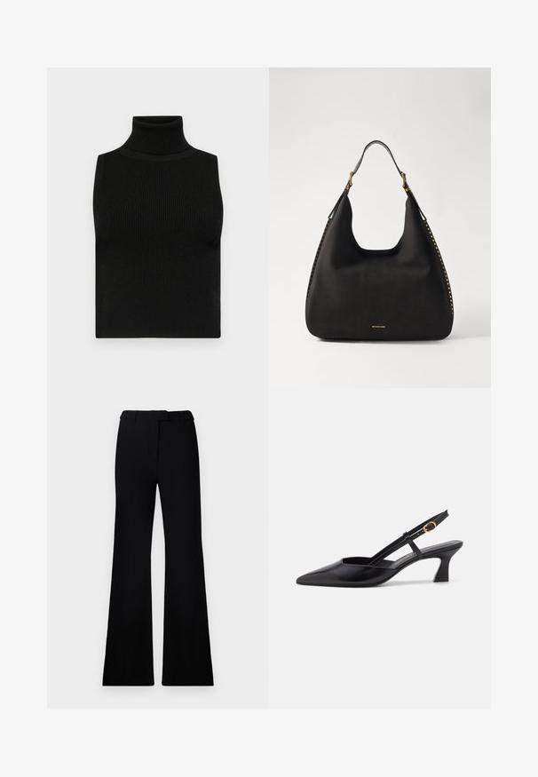 Black sleeveless turtleneck top with ribbed texture and fitted design. Smooth fabric with a high neck and no additional embellishments.; Black flared pants featuring a smooth texture, tailored waistband, and front pockets, designed with a sleek, modern silhouette.; Black leather slingback shoe with a pointed toe, low heel, and adjustable strap featuring a gold ring accent. Smooth texture and minimalist design.; MICHAEL Michael Kors NOLITA HOBO  - Handbag - black