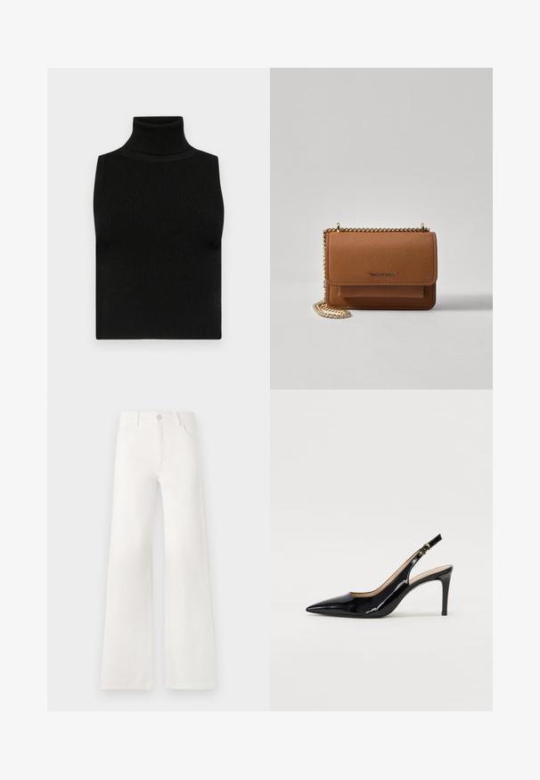 Czarna, bezrękawnikowa bluzka w stylu golfu z prążkowaną teksturą i dopasowanym krojem. Gładki materiał z wysokim kołnierzem i bez dodatkowych zdobień.; Białe dżinsy z wysokim stanem i szerokimi nogawkami. Wykonane z denimu. Posiadają zapięcie na guzik, dwie kieszenie z przodu oraz boczne szwy ze szczegółami w postaci przeszyć.; Czarne lakierowane szpilki typu slingback z szpiczastym noskiem, smukłym obcasem i subtelnym wycięciem. Posiadają złotą klamrę na pasku.; Brązowa skórzana torba na ramię z teksturą, z złotym łańcuszkiem i zapięciem na klapkę. Z przodu znajduje się detal z logo oraz kieszeń pod klapką.