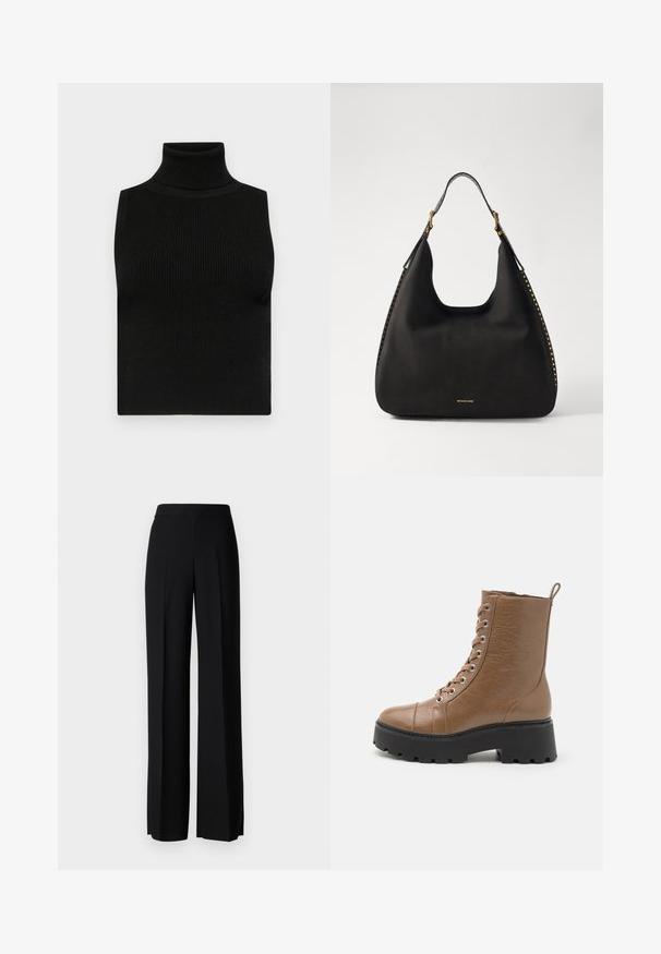 Sort ærmeløs turtleneck top med ribbet tekstur og tætsiddende design. Glat stof med høj krave og ingen yderligere pynt.; Sorte vide benbukser med en glat tekstur, der har en høj talje og centerfolder. Ingen synlige mønstre eller hardware detaljer.; Brune faux læder ankelstøvler med en grov sort sål, rund tå, snøring foran og en løkke bagpå. Tekstur detaljer på overfladen.; MICHAEL Michael Kors NOLITA HOBO  - Håndtasker - black