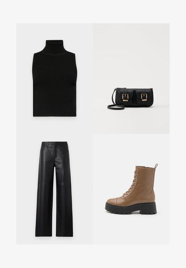 Črna brezrokavna majica z visokim ovratnikom, z rebrasto teksturo in oprijetim krojem. Gladek material z visokim ovratnikom in brez dodatnih okrasitev.; Široke črne usnjene hlače gladke teksture, s sprednjimi žepi, gumbom za zapiranje in subtilnimi detajli šivanja.; Rjave gležnjarje iz umetnega usnja s črnimi debelimi podplati, okroglo točko, sprednjim vezanjem in zanka za pomoč pri obuvanju na hrbtni strani. Teksturna površinska obdelava.; Črna usnjena torbica čez ramo z dvema sprednjima žepoma, zlatimi zaponkami, zadrgo in ozkim pasom. Tekstura površine je strukturirana, obliko pa ima kompaktno pravokotno.