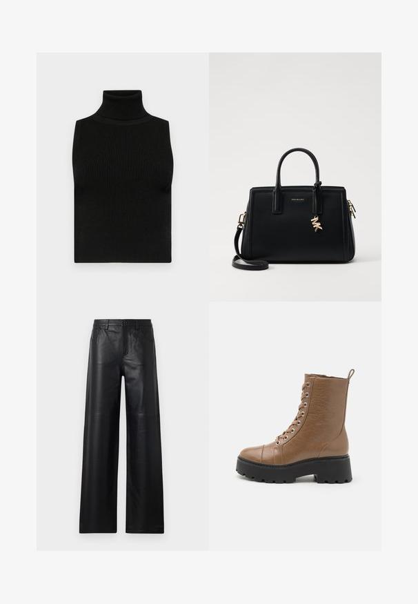 Črna brezrokavna majica z visokim ovratnikom, z rebrasto teksturo in oprijetim krojem. Gladek material z visokim ovratnikom in brez dodatnih okrasitev.; Široke črne usnjene hlače gladke teksture, s sprednjimi žepi, gumbom za zapiranje in subtilnimi detajli šivanja.; Rjave gležnjarje iz umetnega usnja s črnimi debelimi podplati, okroglo točko, sprednjim vezanjem in zanka za pomoč pri obuvanju na hrbtni strani. Teksturna površinska obdelava.; Črna usnjena torbica s strukturirano zasnovo, dvema zgornjima ročajema, odstranjevanim naramnim trakom, zlatim okovjem in dodatkom z logotipom.