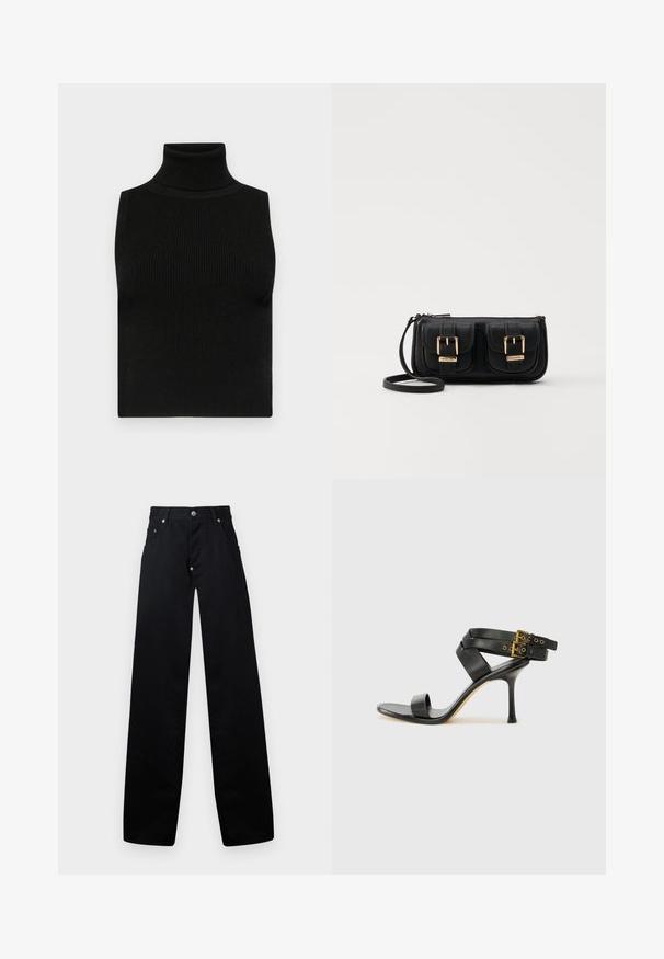 Haut sans manches noir avec col roulé, texture côtelée et coupe ajustée. Tissu lisse avec un col haut et sans embellissements supplémentaires.; Pantalons larges noirs en coton, avec une fermeture éclaire, deux poches avant et un design classique à cinq poches avec des accents en métal.; Sandale à talons noirs avec des straps croisés et une boucle ajustable. Elle présente une texture lisse et un talon aiguille effilé.; Sac en cuir noir porté en travers avec deux poches avant, boucles dorées, fermeture zippée et une sangle fine. Surface texturée et forme rectangulaire compacte.