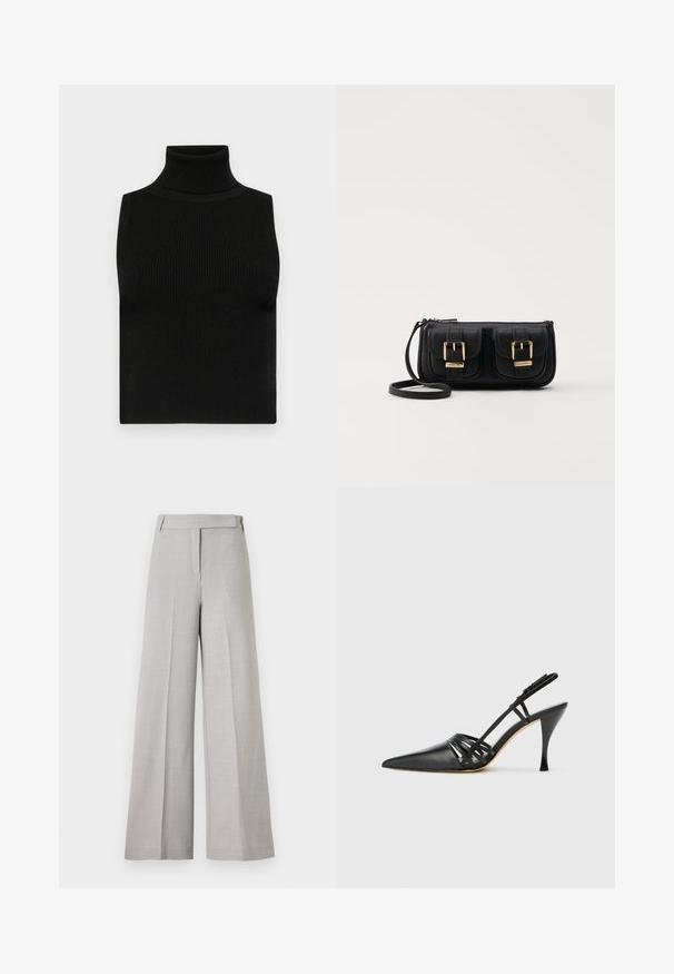 Haut sans manches noir avec col roulé, texture côtelée et coupe ajustée. Tissu lisse avec un col haut et sans embellissements supplémentaires.; Pantalons large gris clair avec une texture lisse, dotés d'une taille ajustée et d'un pli avant pour un look soigné.; Chaussure à talon aiguille noire en cuir, avec bout pointu, design de brides entrecroisées et talon aiguille fin. Texture lisse et accents minimaux.; Sac en cuir noir porté en travers avec deux poches avant, boucles dorées, fermeture zippée et une sangle fine. Surface texturée et forme rectangulaire compacte.