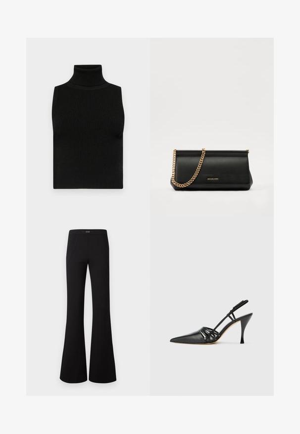 Črna brezrokavna majica z visokim ovratnikom, z rebrasto teksturo in oprijetim krojem. Gladek material z visokim ovratnikom in brez dodatnih okrasitev.; Črne široke hlače iz gladkega blaga, z visokim pasom in dvema sprednjima žepoma ter diskretnimi stranskimi šivi za dodaten detajl.; Črne usnjene visokoodporne čevlje s peto in koničastim prstom, zasnovo križnega traku in vitko stileto peto. Gladka tekstura in minimalni poudarki.; Črna usnjena torbica z zlatim verižnim trakom, z gladko teksturo, pravokotno obliko in embosiranim logotipom spredaj.